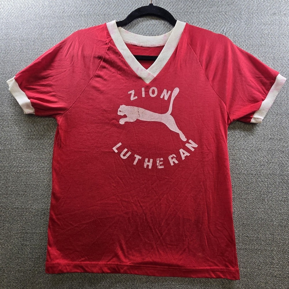 Vintage 70s 80s Zion Lutheran Ringer T Shirt Leaping Cat Phillip Red V Neck USA